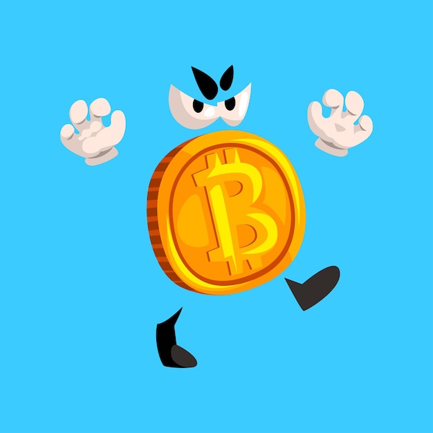 Funny grumpy bitcoin character, crypto currency emoticon vector Illustration isolated on a sky blue background.
