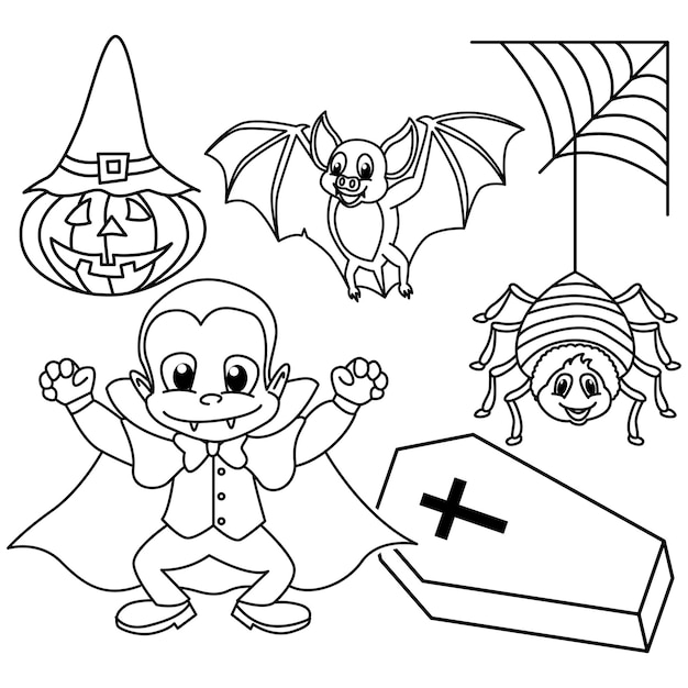 Vector funny halloween cartoon characters vector illustration for kids coloring book
