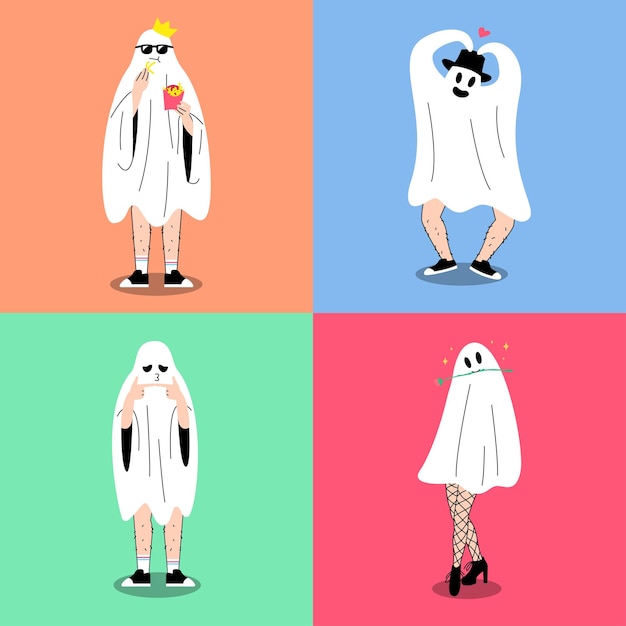 Funny halloween ghost costume vector set