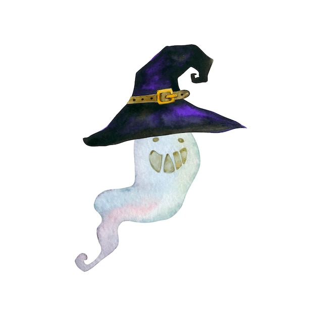 Забавный призрак хэллоуина в шляпе ведьмы акварельный ручной рисунок векторного клипарта на белом фоне