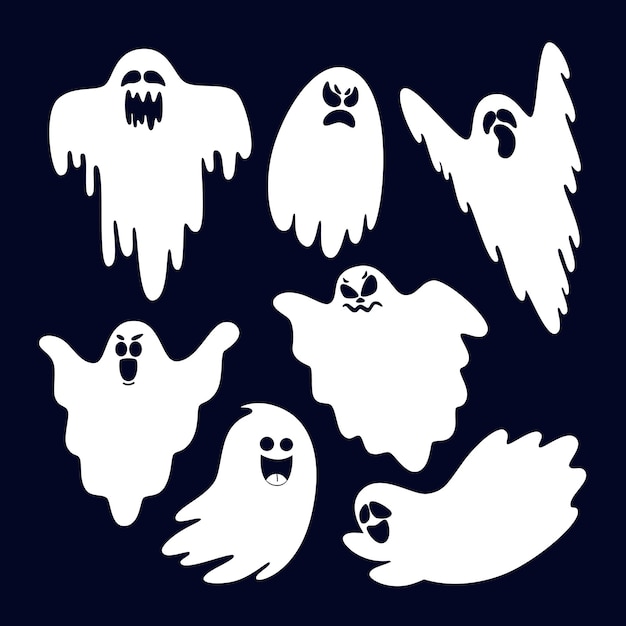 Забавный призрак хэллоуина в разных позах, белый летающий жуткий силуэт призрака, изолированный на темноте
