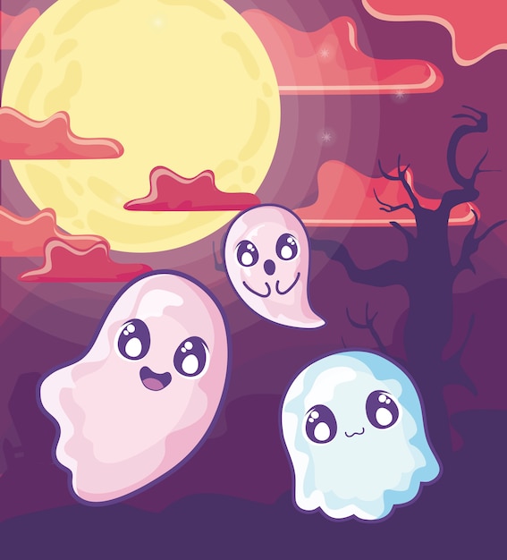 Vector funny halloween ghosts on halloween scene