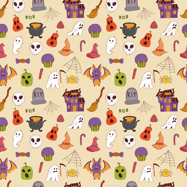 Funny halloween seamless pattern pumpkin ghost witch hat bat sweets spider broom