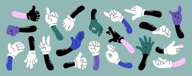 Vector funny hands in gloves showing different gestures