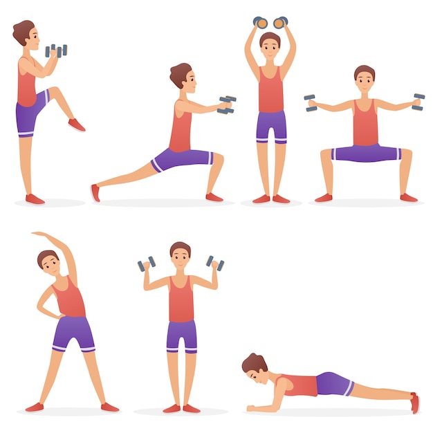 Funny handsome man exercising various different training fitness sport gym poses