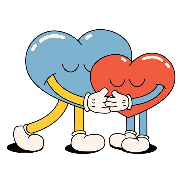 Funny happy cartoon hearts hugging a loving couple positive and good vibes hippies