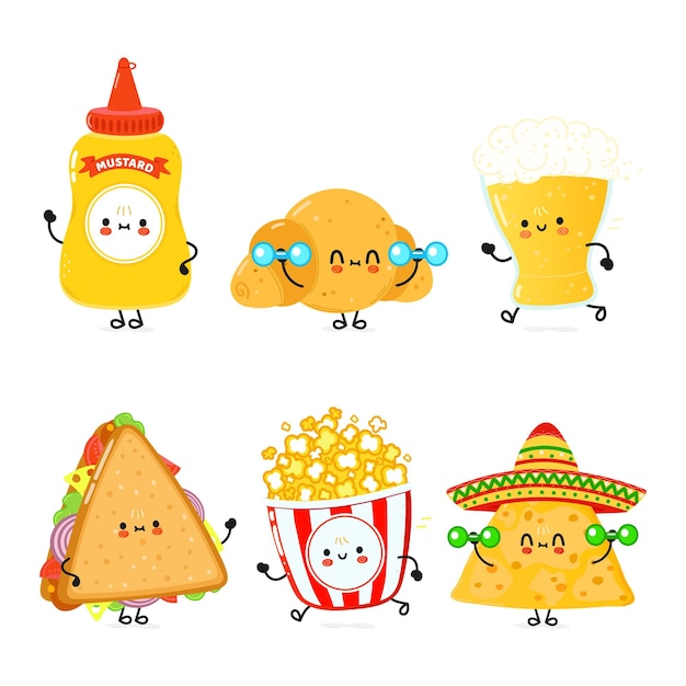 Vector funny happy fast food characters set