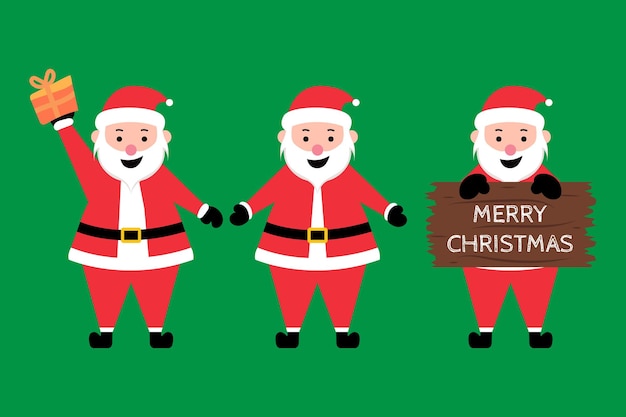 Funny happy Santa Claus character with gift, waving, and greeting. Set of cartoon Christmas