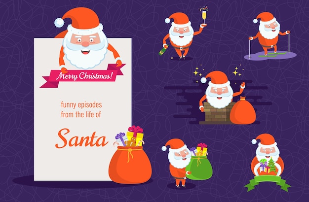 Funny happy santa claus characters set. celebration of merry christmas and new year. for holiday greeting cards, banners, tags and labels. flat vector illustration.