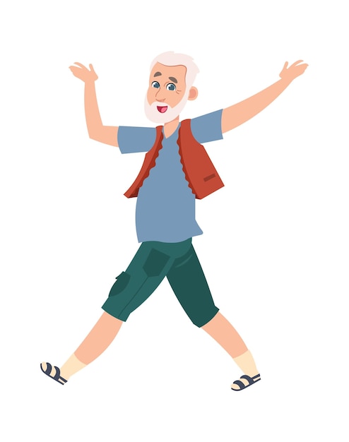 Divertente felice uomo anziano cartoon danza pensionato allegro nonno attivo in movimento personaggio maschile dai capelli grigi passeggiate persona adulta tempo libero passatempo vettore nonno illustrazione isolata