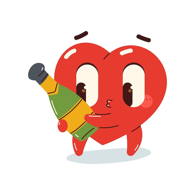 Funny heart with champagne bottle vector cartoon character isolated on a white background