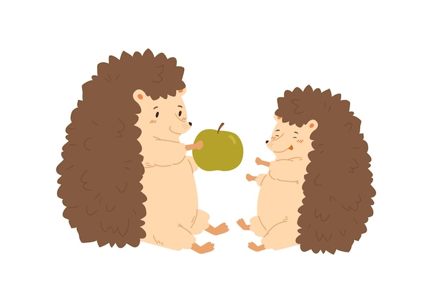 벡터 재미있는 고슴도치 부모는 자식 벡터 평면 그림에 녹색 신선한 사과를 줍니다. 만화 숲 동물 가족 함께 앉아 흰색 배경에 고립. 다채로운 귀여운 아이와 사랑스러운 어머니.
