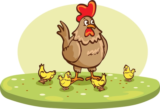 funny hen cartoon with her baby chicken mother hen