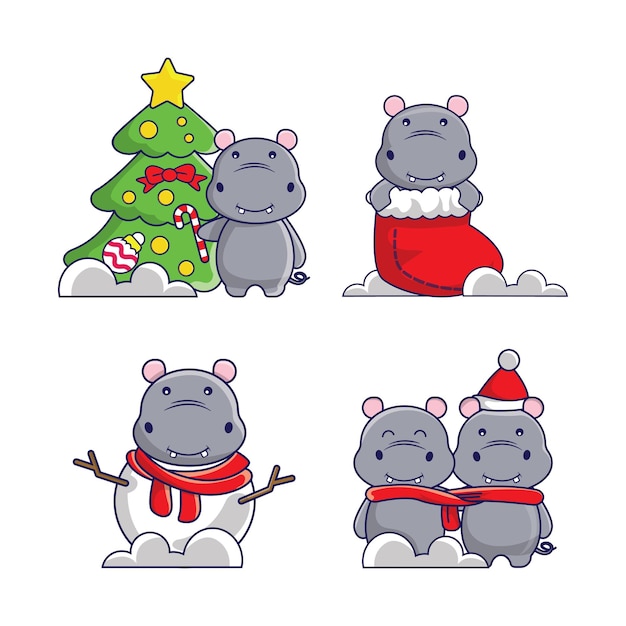 Funny Hippo in Christmas costume and gift