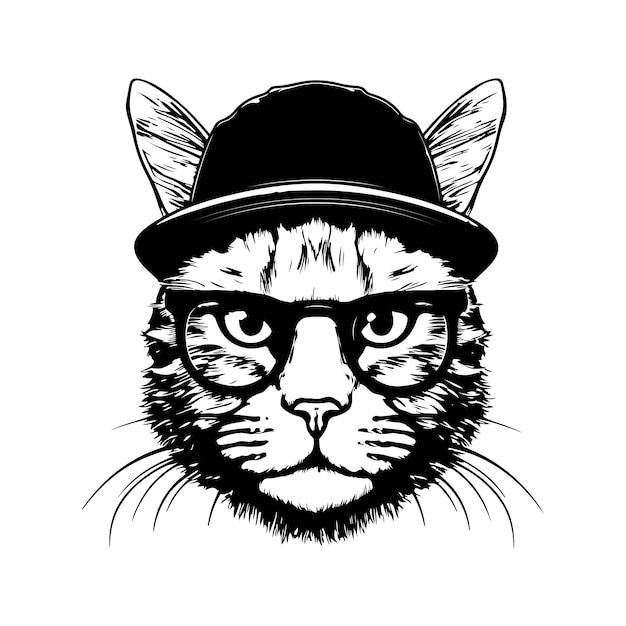 Illustrazione disegnata a mano di colore bianco e nero di concetto di arte linea logo vintage divertente gatto hipster