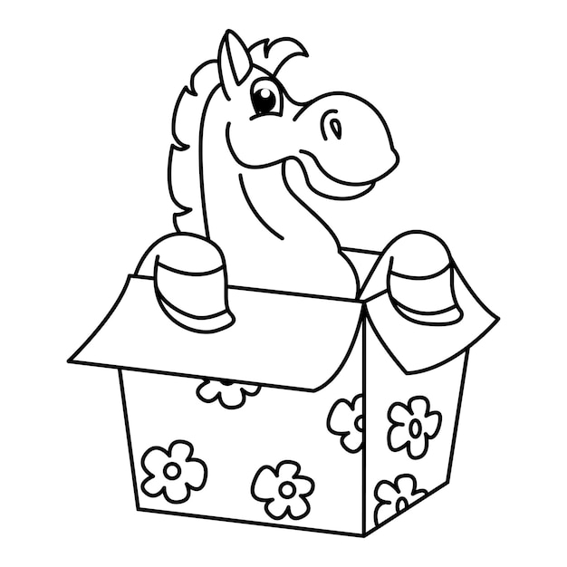 Funny horse sitting in box gift cartoon characters vector illustration For kids coloring book