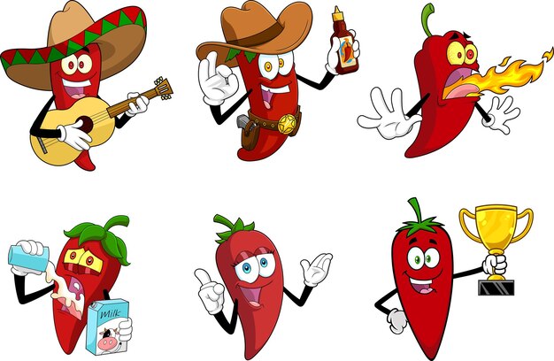 Funny hot chili pepper personaggi dei cartoni animati set di raccolta disegnata a mano vettoriale