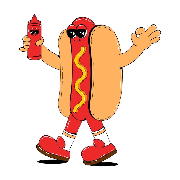 Vector funny hot dog mascot in retro cartoon style vector illustration of sausage with mustard character