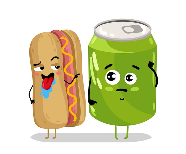 Funny hot dog and soda can cartoon character