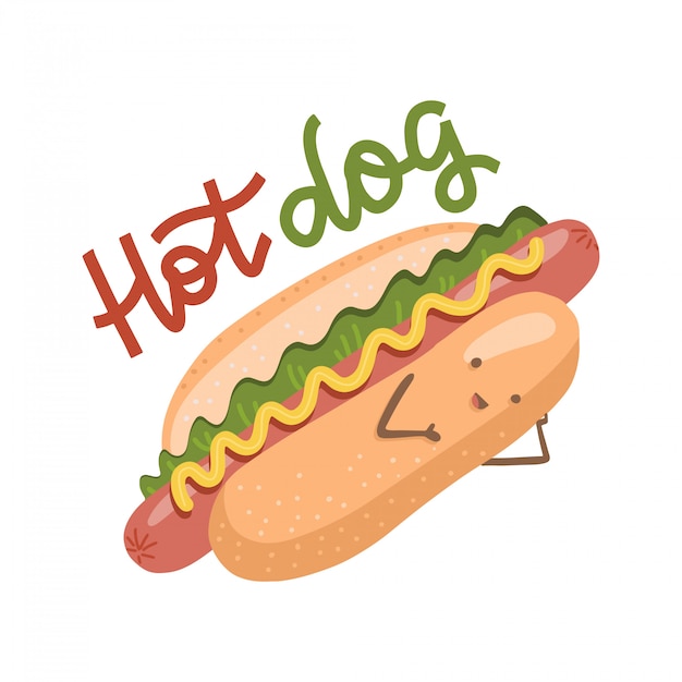 Funny hot dog with a cute smile face. fast food with human face. modern style  flat illustration icons. isolated on white background with hand drawn lettering.