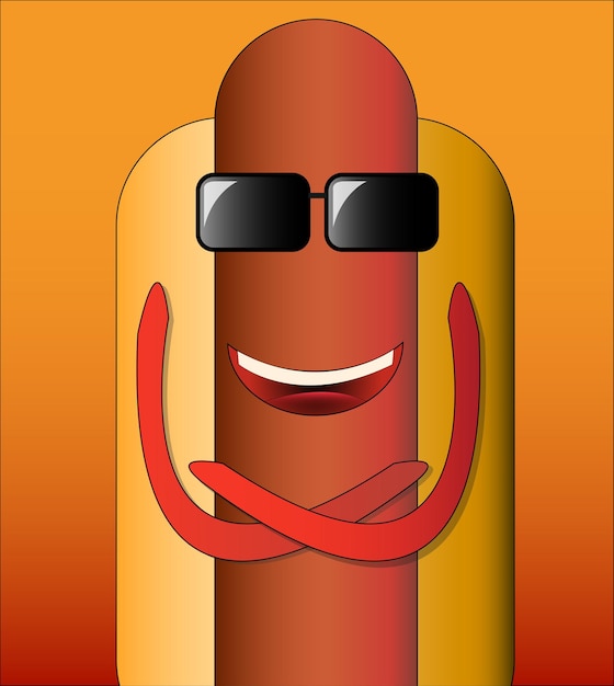 Vector funny hot dog with glasses and a smile fast food sausage with a human face isolated on white background