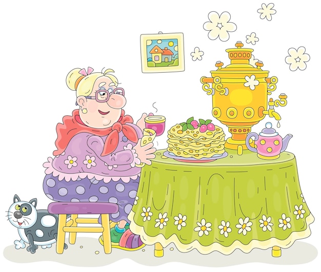 Vector funny housewife sitting at her kitchen table with a samovar and drinking tea with tasty pancakes