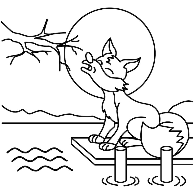 Funny howling wolf cartoon characters vector illustration For kids coloring book