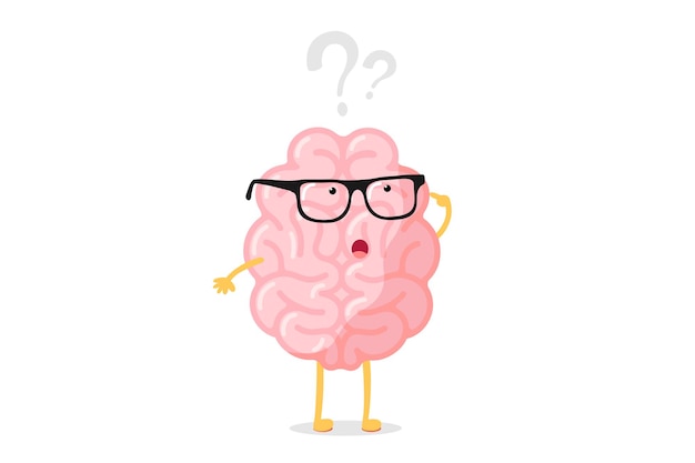 funny human brain thought character with glasses thinks over question mark. seeking answer cartoon brain concept. strong cartoon central nervous system organ seeking answer vector illustration