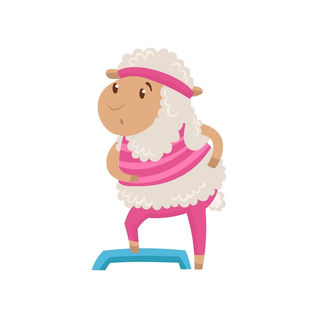 Funny humanized sheep doing fitness exercise using step platform farm animal in pink sportswear and headband flat vector design