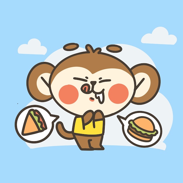 Funny hungry little monkey boy doodle  illustration