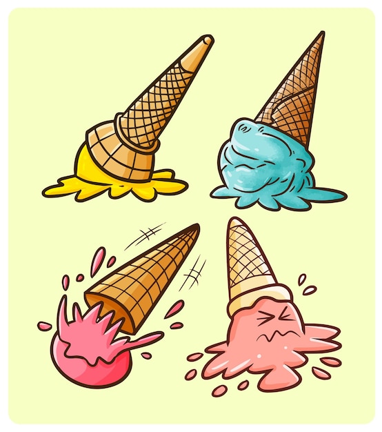 Funny ice creams fall on the ground collection in simple doodle style