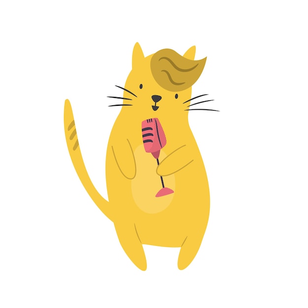 Funny illustration of a cat singing in a microphone