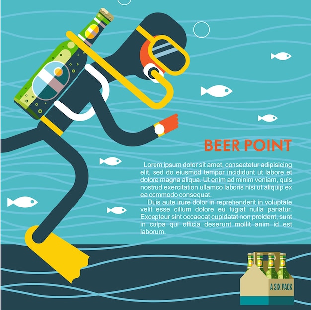 Funny illustration of a scuba diver with beer instead of scuba gear