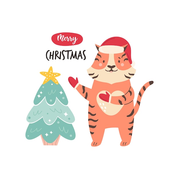 Funny illustration with a happy tiger in hat and mittens decorating christmas tree