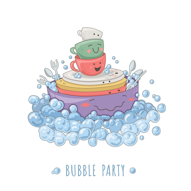 Забавная иллюстрация с кухонной посудой в окружении пузырей