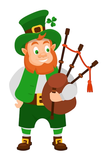 Funny Irish fantastic character gnome leprechaun Feast day of Saint Patrick Leprechaun in traditional dress and headgear smiling holding of bagpipe in day of Saint Patrick Vector cartoon