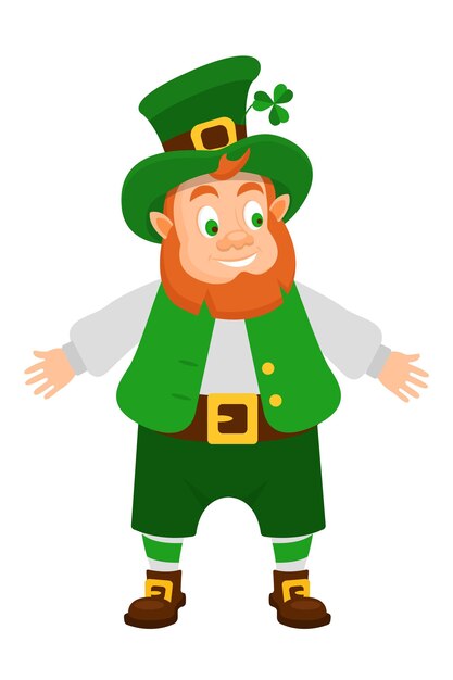 Funny Irish fantastic character gnome leprechaun Feast day of Saint Patrick Leprechaun in traditional dress and headgear spreading his arms to side in day of Saint Patrick Vector cartoon