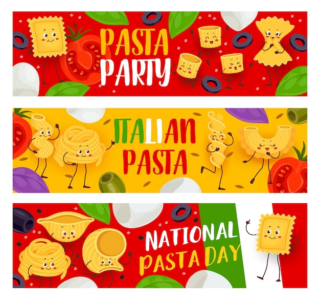 Vettore personaggi divertenti di pasta italiana banner vettoriali