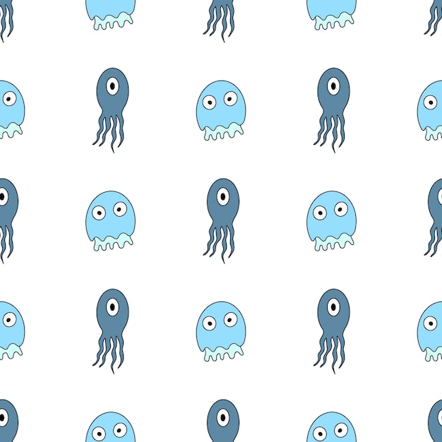 재미 있는 해파리 완벽 한 패턴입니다. 우스꽝스러운 표정의 메두사. 포노, 엽서 및 포장지에 적합합니다. 벡터.