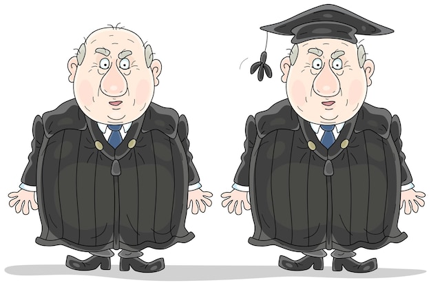 Vector funny judge in a black gloomy judicial gown for official hearings and sentencing in a court