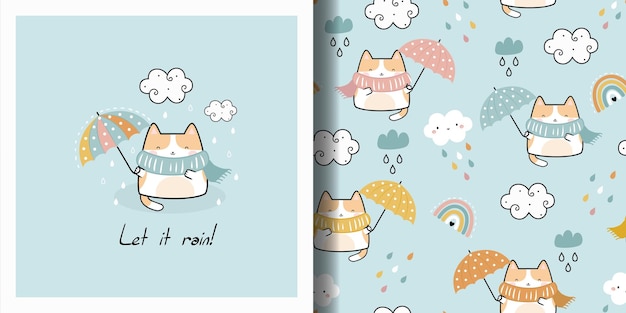 Funny Kawaii Cute Cat with umbrella fly in the sky Cartoon card and seamless pattern set Childish