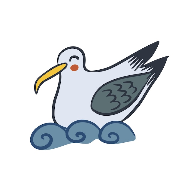 Funny kawaii seagull on water in cartoon style Summer holiday concept character