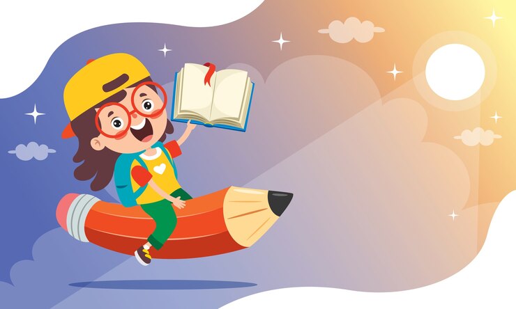 वेक्टर funny kid flying on colorful pencil