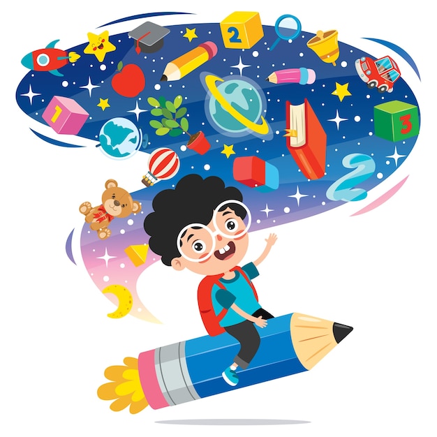 Vector funny kid flying on colorful pencil