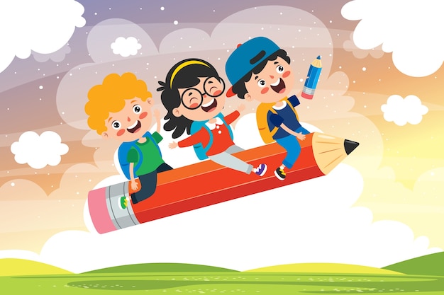 Funny Kid Flying On Colorful Pencil