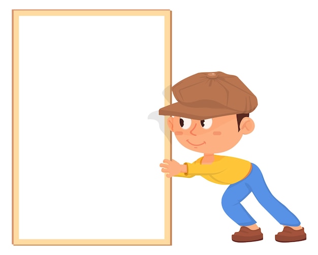 Vector funny kid hold vertical poster cartoon boy with blank banner