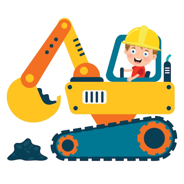 Funny kid using excavator machine