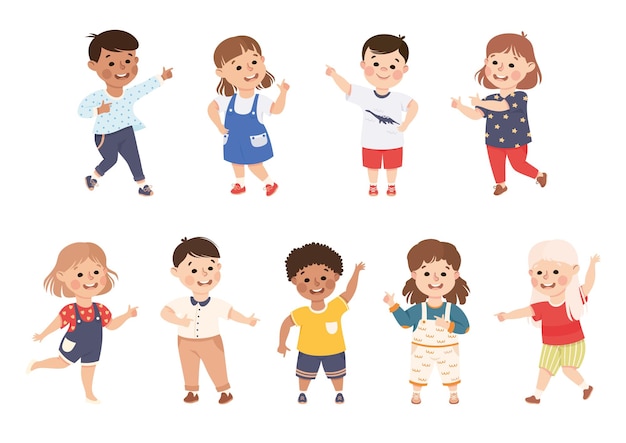 伸ばした手と親指のベクトルセットで何かを指さすおもしろい子供たち