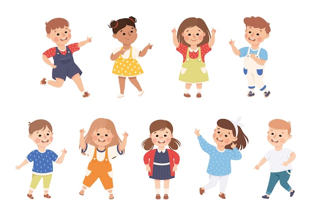 伸ばした手と親指のベクトルセットで何かを指さすおもしろい子供たち