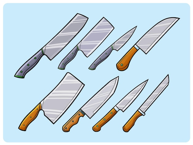 Funny kitchen knife collection in doodle style